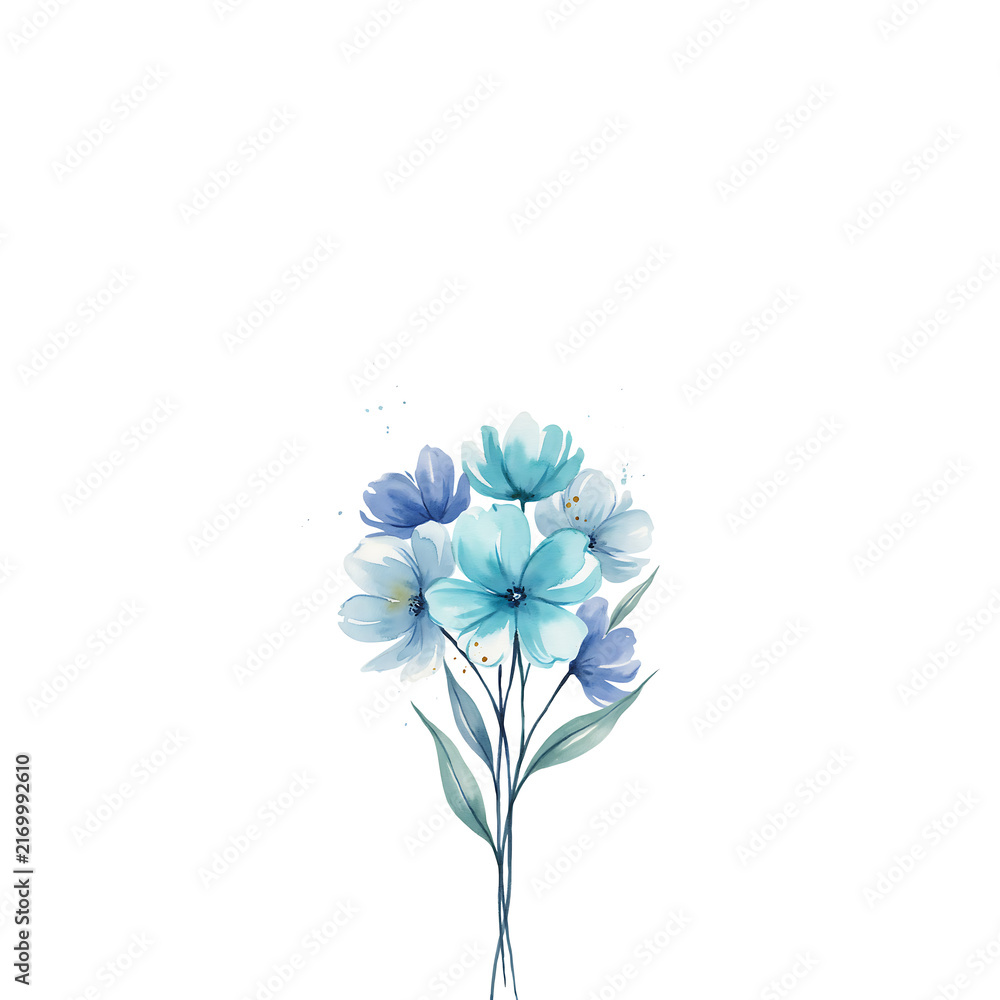 Fototapeta premium Watercolor bouquet of blue flowers with green leaves isolated on a transparent background