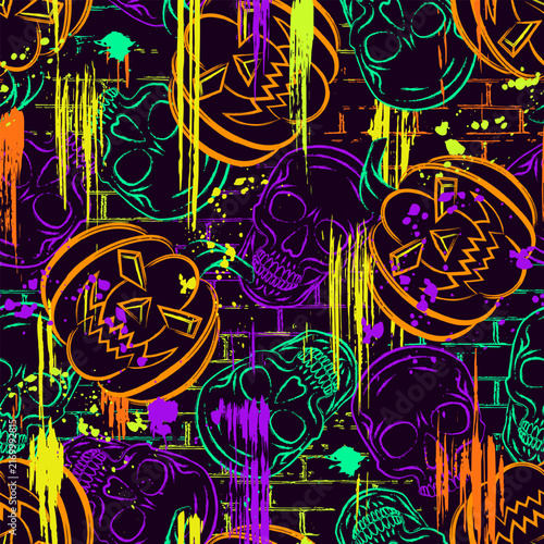 Halloween seamless pattern with human skull, pumpkin head on grunge brick wall background. Neon fluorescent ink splatters, paint drips. Grunge style.