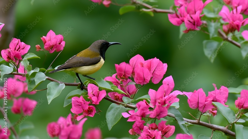Naklejka premium A small bird with curved beak perched on a branch among bright pink flowers with green leaves in soft natural light