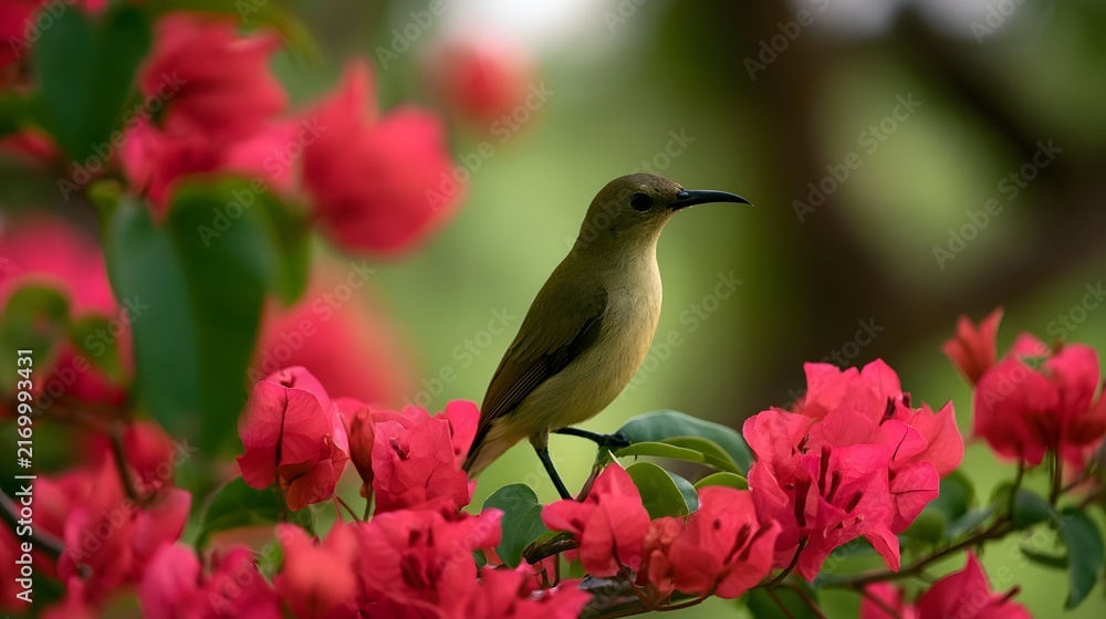 Naklejka premium A small bird with curved beak perched among bright pink flowers with green leaves in soft background