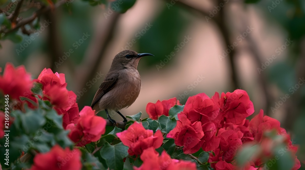 Naklejka premium A small brown bird with a curved beak perches among vibrant red flowers with green leaves in soft natural light