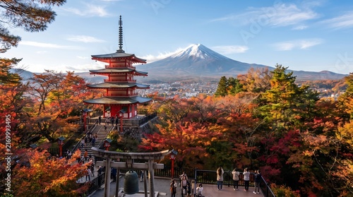 Chureito pagoda stands amidst vibrant autumn foliage with majestic mount fuji rising in background for japanese travel scenes.