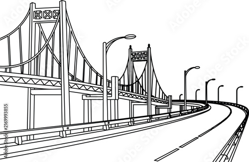 Suspension bridge highway line art with curved roadway and streetlights, architectural vector illustration design template