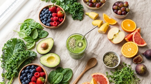 Vibrant Smoothie and Fresh Ingredients: A healthy green smoothie in a glass with a metal straw, surrounded by a colorful assortment of fresh fruits and vegetables like berries, spinach, kale, oranges.