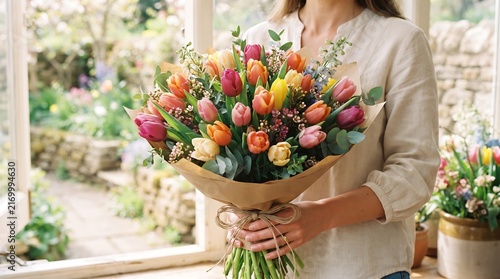 Woman holding large spring tulip bouquet with natural paper wrapping beside window for festive seasonal home celebration.
