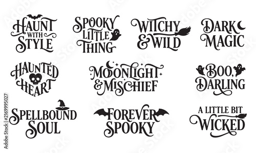 Set of eleven halloween themed calligraphy quotes featuring bats, ghosts, witch hats, brooms, and moons with swirling typography on a plain white background