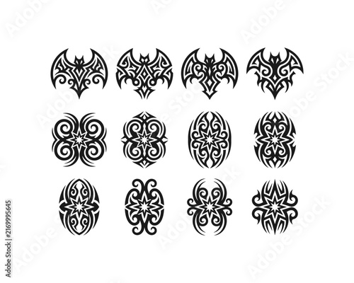 Tribal bat and star ornament tattoo logo icons vector set with gothic curves, sharp spikes, geometric flourish emblems