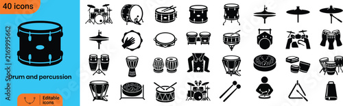Collection of various musical percussion instruments and drums illustrated in a black and white sketch style