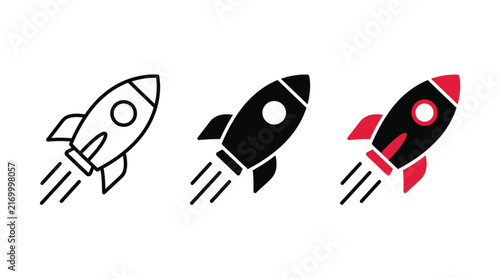 Rocket launch icon set. Startup growth, business progress, innovation, space exploration symbol. Minimalist outline and solid rocket icons with motion trails isolated  white background - stock vector