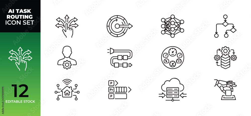 Fototapeta premium Ai task routing icon set featuring outline symbols for automation technology and artificial intelligence processes AI process network diagram system workflow data management vector icons