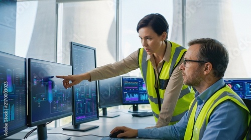 Engineers analyzing industrial data on computers in a plant control room