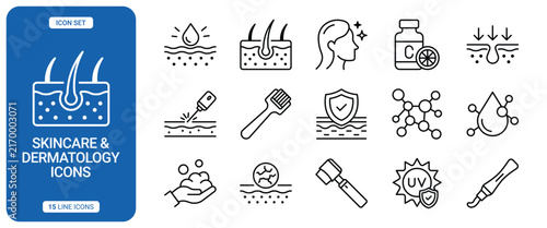 Skincare and dermatology line icon set, including skin hydration, hair follicle, facial treatment, vitamin c, collagen, laser therapy, derma roller, skin protection, chemical formula, and uv shield