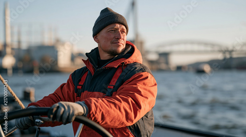 Bargeman steering a flat river vessel through a busy urban waterway, candid unposed moment of a weathered boatman adjusting a rope tie mid maneuver, city bridges and warehouses