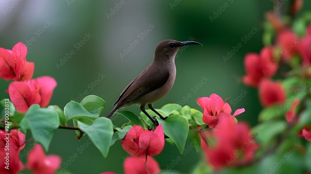 Naklejka premium A small brown bird with a curved beak perched on a branch among bright pink flowers and green leaves