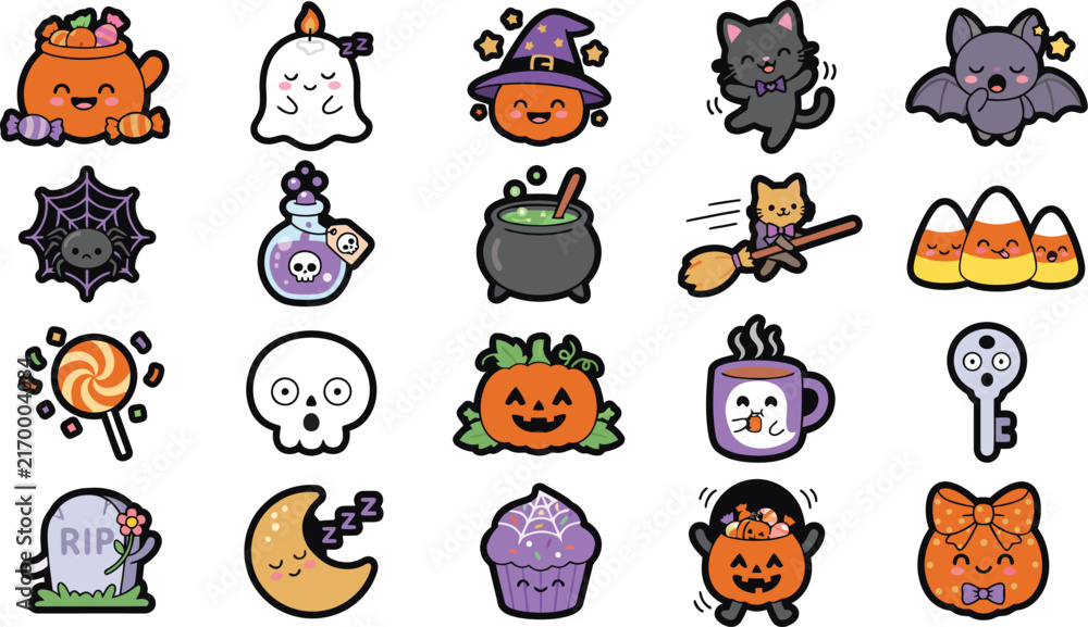 Obraz premium Set of cute hand drawn halloween stickers featuring pumpkins ghosts cats bats and festive holiday icons