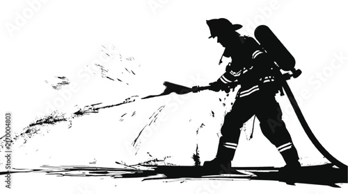 A firefighter silhouette actively sprays water, creating a splash effect on a dark surface.