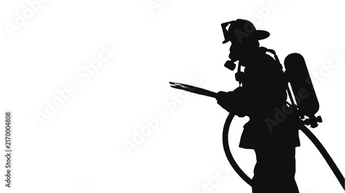 Firefighter silhouette spraying water from a hose against a white background.
