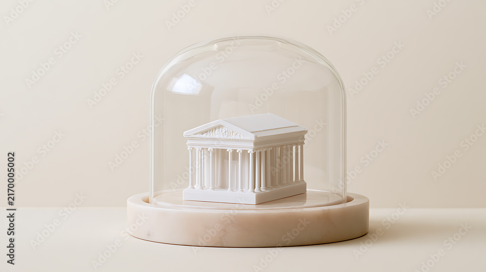 Naklejka premium Minimalist white architectural model of classical ancient temple protected under clear glass dome on neutral beige background for project