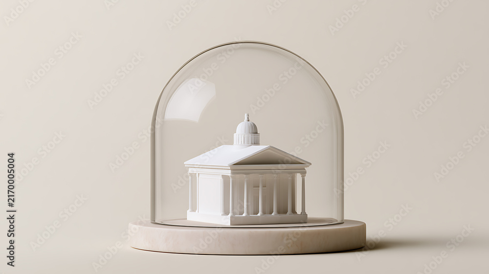 Fototapeta premium Minimalist white neoclassical building model protected under a clear glass dome on a wooden podium against a neutral background scene