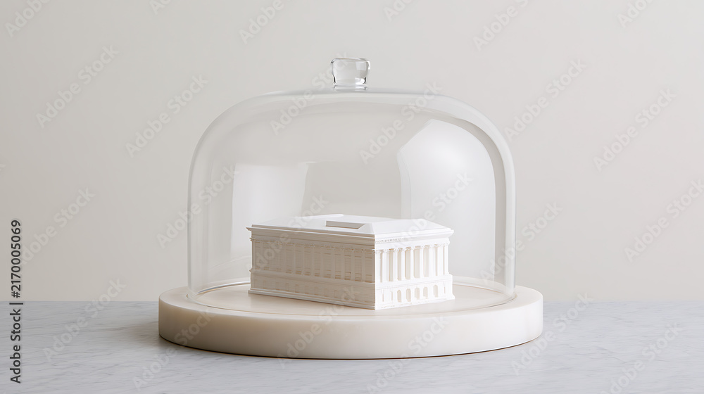 Naklejka premium Minimalist white architectural model of classical building protected inside transparent glass cloche dome on marble base studio scene