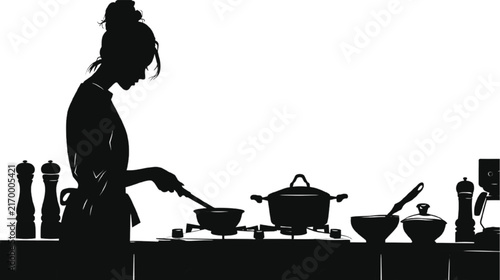 A woman's silhouette is depicted preparing food on a kitchen counter, surrounded by cooking equipment and spice shakers.