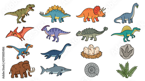 Collection of cartoon dinosaurs and prehistoric creatures with eggs footprint fossil and fern