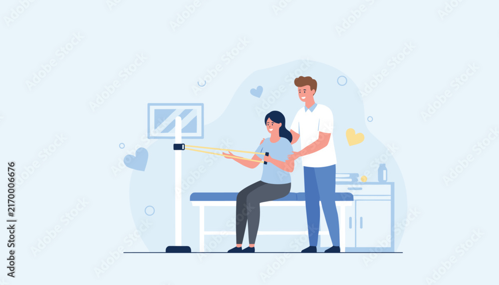 Obraz premium Female patient performing physical therapy exercises with a resistance band assisted by a professional male physiotherapist in a clinic.