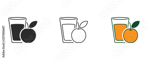 Fresh Juice Icon: Three variations of an icon representing fresh fruit juice. apple juice, orange juice, beverage drink, healthy drink, fruit.