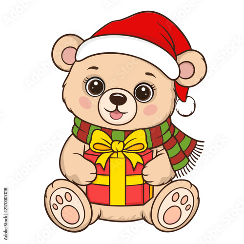 Cute cartoon Christmas teddy bear in Santa hat and striped scarf holding a gift