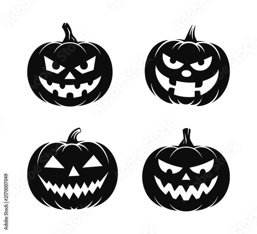 Halloween Pumpkin Icon Set: Four spooky jack-o'-lanterns with distinct carved faces. October celebration, autumn harvest, holiday symbol, scary decoration.