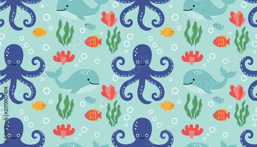 Colorful seamless pattern featuring friendly blue octopuses, whales, small fish, seaweed, and coral on a light blue water background.