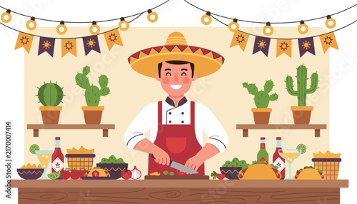 Happy chef in a sombrero preparing delicious Mexican tacos and dishes in a festive restaurant environment with cactus plants.
