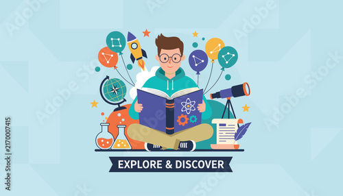 Young boy sitting and reading an open book surrounded by symbols of science, space, and exploration for educational discovery.