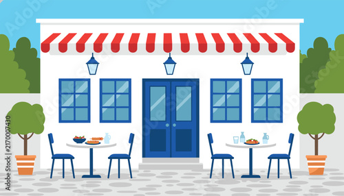 Traditional Greek restaurant exterior features white walls with blue doors and windows under a red and white striped awning.