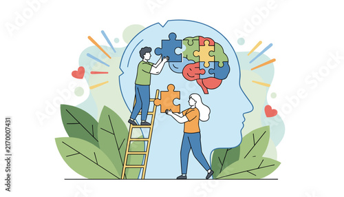 Mental health awareness concept showing people collaborating to complete a brain puzzle representing support and wellness.