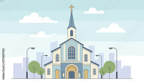 Traditional church building with a tall steeple and cross located in a city environment with trees, clouds, and a blue sky.