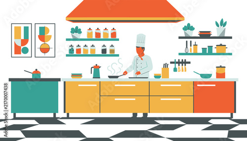 Chef in a white uniform preparing a meal in a spacious and well-equipped modern kitchen with colorful cabinetry and utensils.