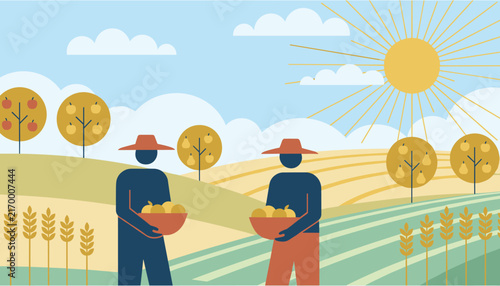 Diligent farmers harvest ripe fruits in a sunny orchard with rolling hills and lush green trees in the beautiful countryside.
