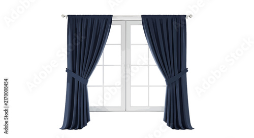 Vector illustration of dark blue curtains with tiebacks hanging on a window on a transparent background