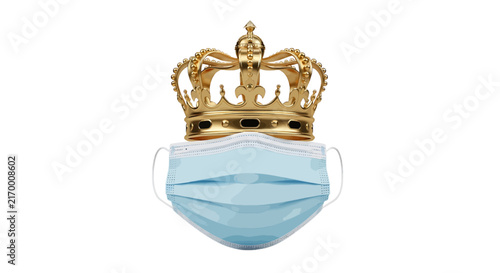 Vector illustration of golden crown resting on a blue medical face mask on a transparent background