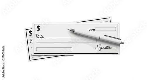 Vector illustration of blank bank check with a pen on a transparent background