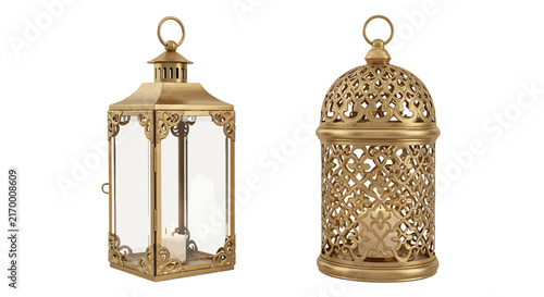 Vector illustration of two decorative gold lanterns with candles on a transparent background
