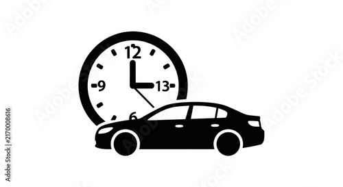 Vector illustration of car icon with clock symbol representing travel time or delivery service on a transparent background