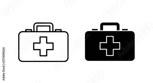 Vector illustration of first aid kit icons in outline and solid black styles on a transparent background