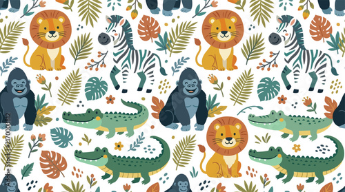 Seamless pattern with cute jungle animals like lion zebra gorilla and crocodile with tropical leaves in cartoon style