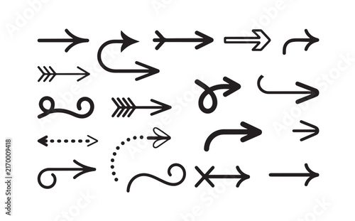 Creative hand drawn black arrow icon set for diverse graphic design projects.