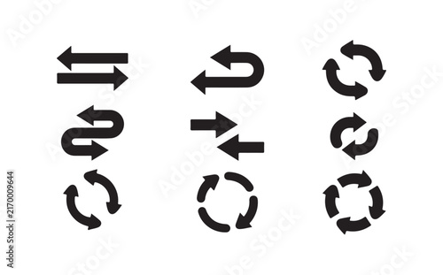 Recycle arrow icons in bold black silhouettes for circular flow and reload symbol design.