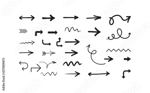 Doodle arrow icons with hand drawn sketch lines for playful navigation and guide markers.