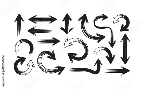 Grunge black ink brush stroke arrows collection on transparent background for creative art.