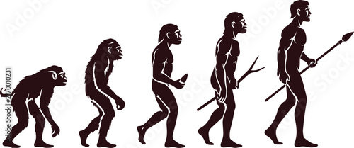 Evolution of human species from ape to modern man holding spear illustration